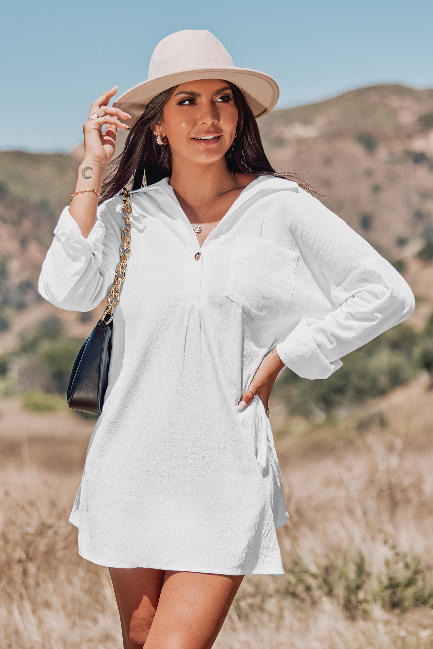 Robe chemise mini en pur coton à manches longues