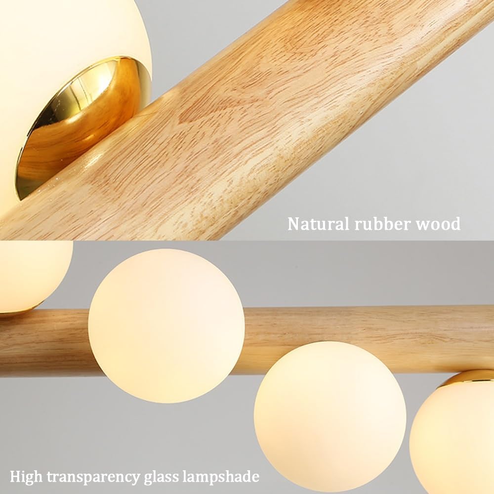 Vintage Holz Pendelleuchte Esstisch 7-Lampen Hängeleuchte Glas Lampenschirm Modern Hängelampe Retro Kronleuchter G9 Glühbirne Höhenverstellbare Pendellampe Küche Schlafzimmer Wohnzimmer Beleuchtung