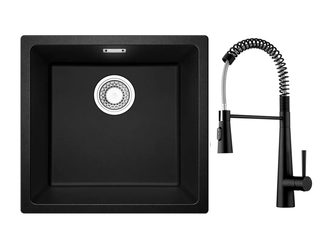 CECIPA MAX Evier 1 Bac en Quartz et Résine Noir Gris 45*44*20cm + Mitigeur de Cuisine à Ressort avec 3 Modes de Sortie D'eau, Noir
