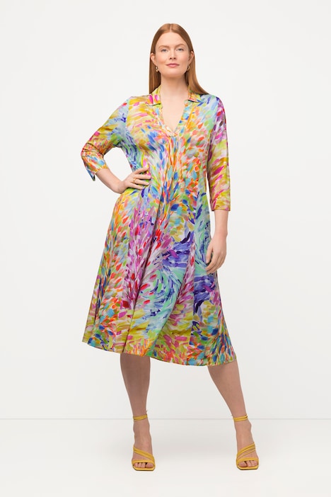Slinky-Midikleid, Hemdkragen, V-Ausschnitt, 3/4-Arm