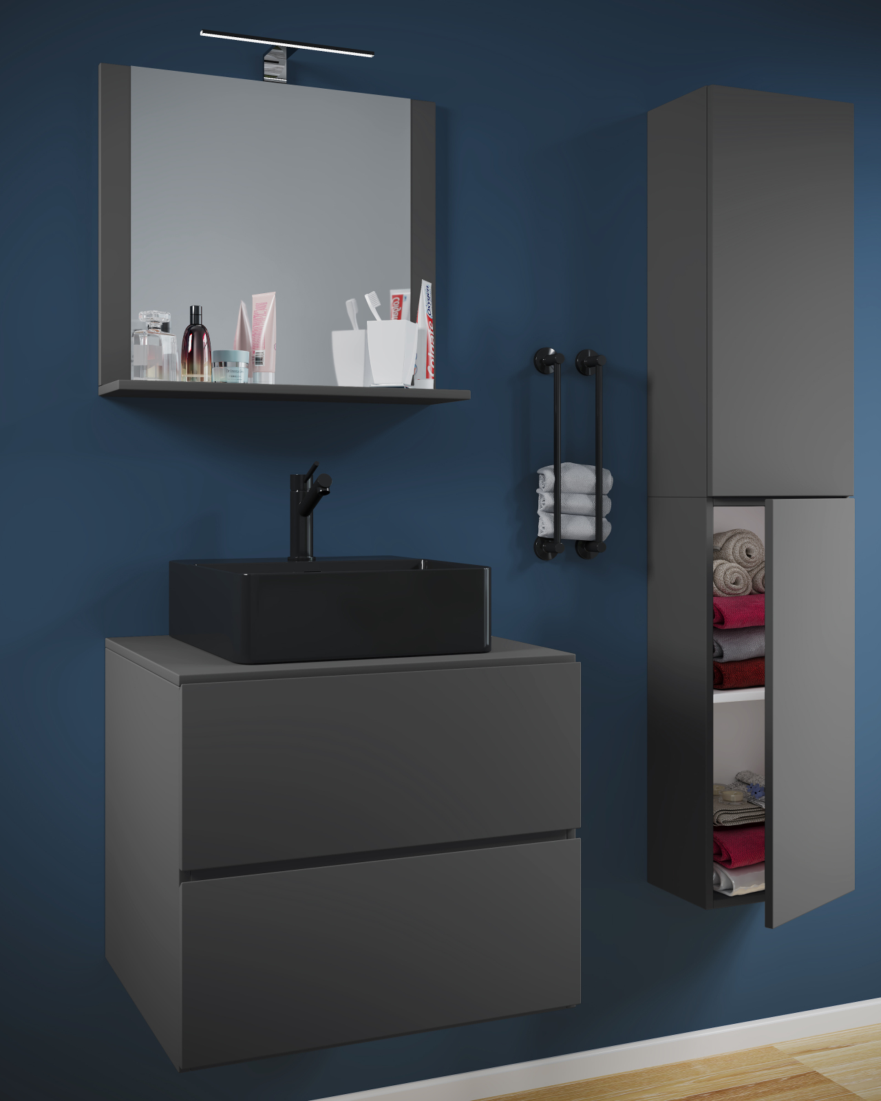 4-teiliges Badmöbel-Set LENDAS BL L - anthrazit - mit Hochschrank - 94 cm