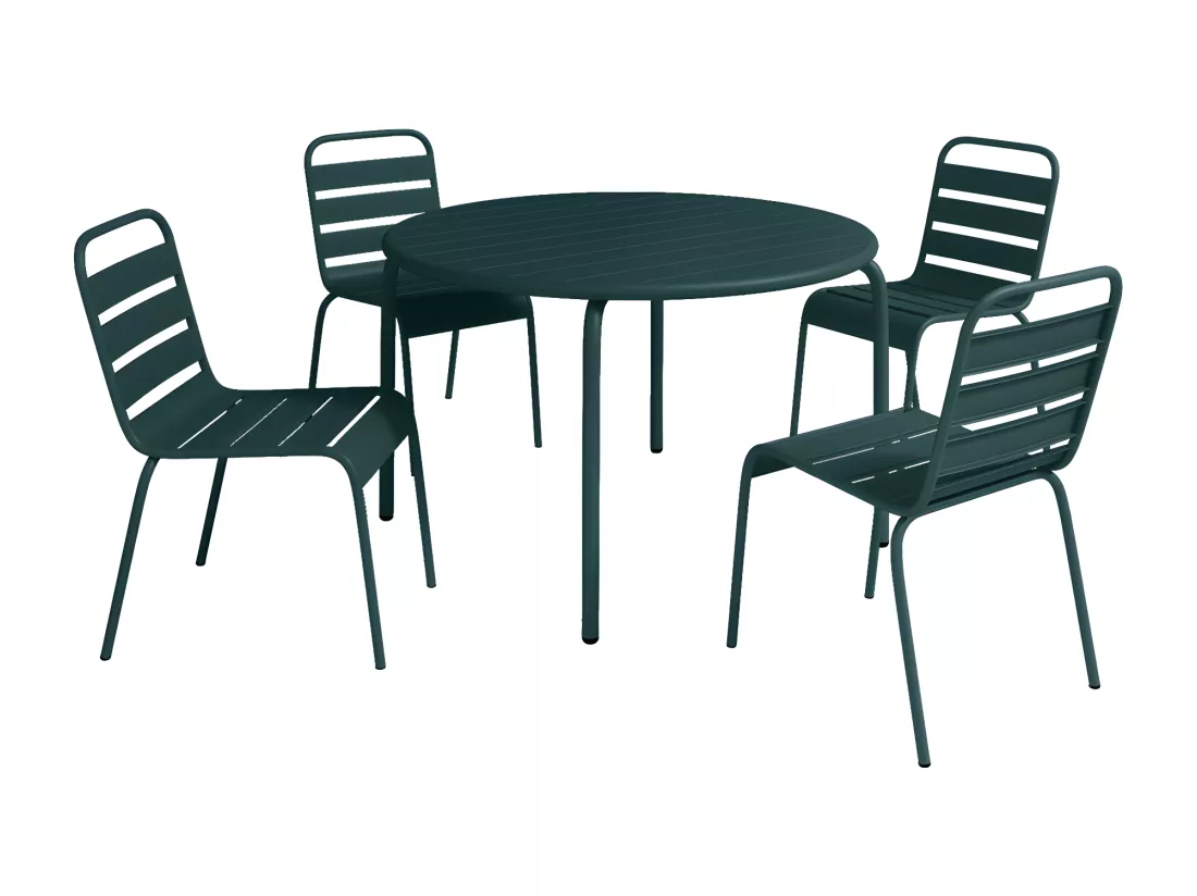 Salle à manger de jardin en métal - une table D.110 cm et 4 chaises empilables - Vert sapin - MIRMANDE de MYLIA