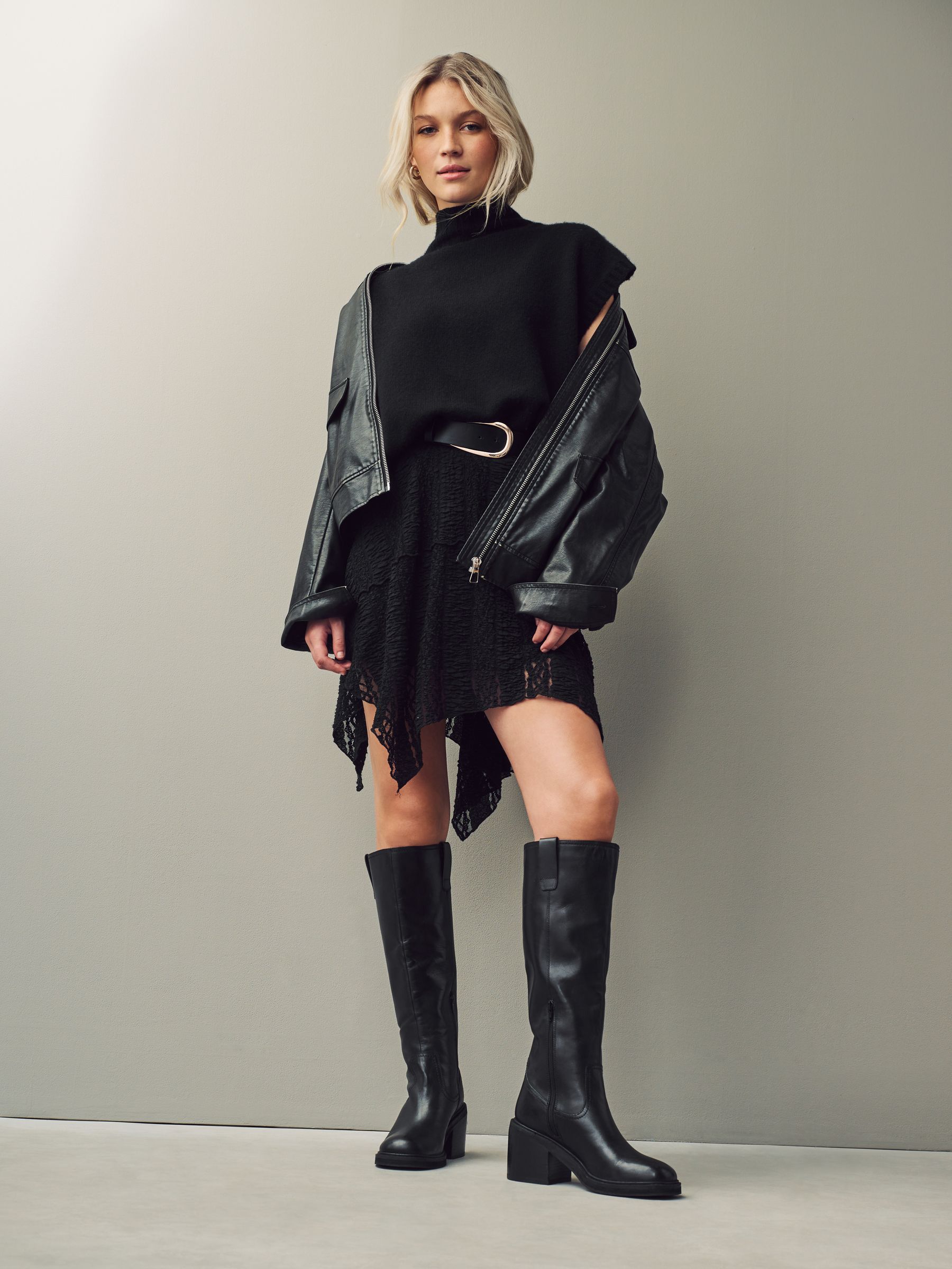 Zwart leer - Square Toe Chunky Knee High Boots