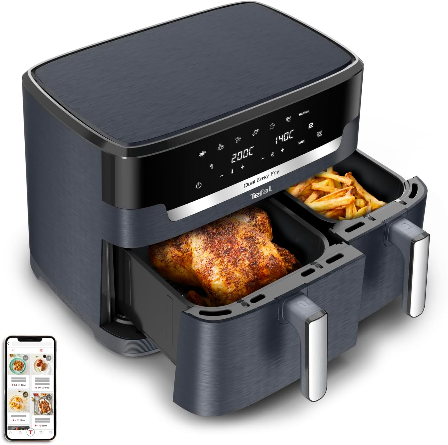 Tefal Dual Easy Fry XXL Heißluftfritteuse 11 L – Airfryer mit 2 Kammern (Doppelkammer), 7 Programme, 2700 W, digitales Display, Extra-Crisp Technologie, fettarm frittieren, energiesparend EY942B