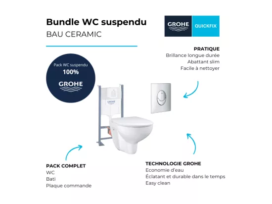 Pack WC sans bride Bau Ceramic Slim + abattant + Bati support autoportant + Plaque commande ovale chromé