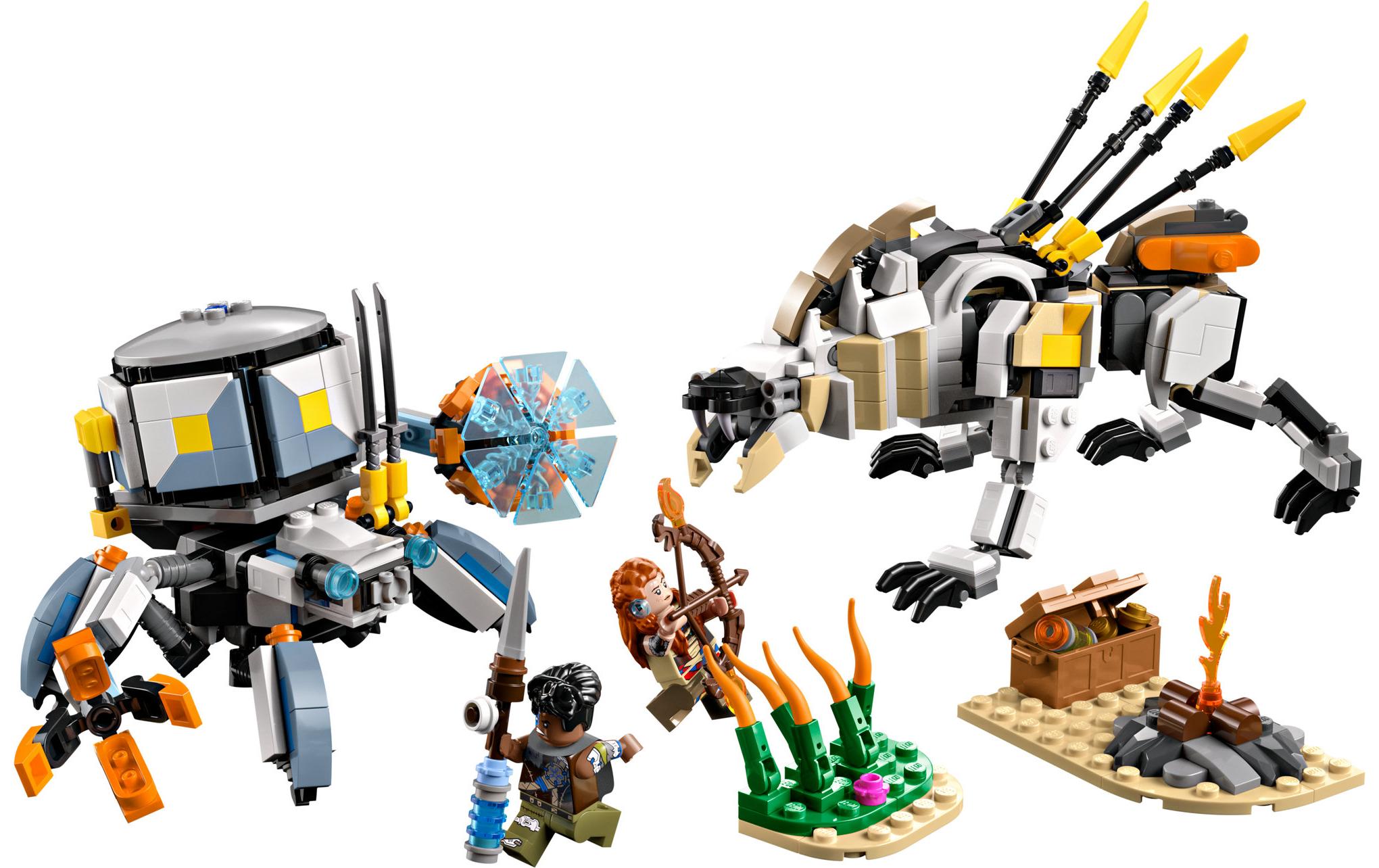 Horizon Adventures Set mit Videospielfiguren 77037Aloy und Varl vs. Panzerwanderer und Sägezahn
