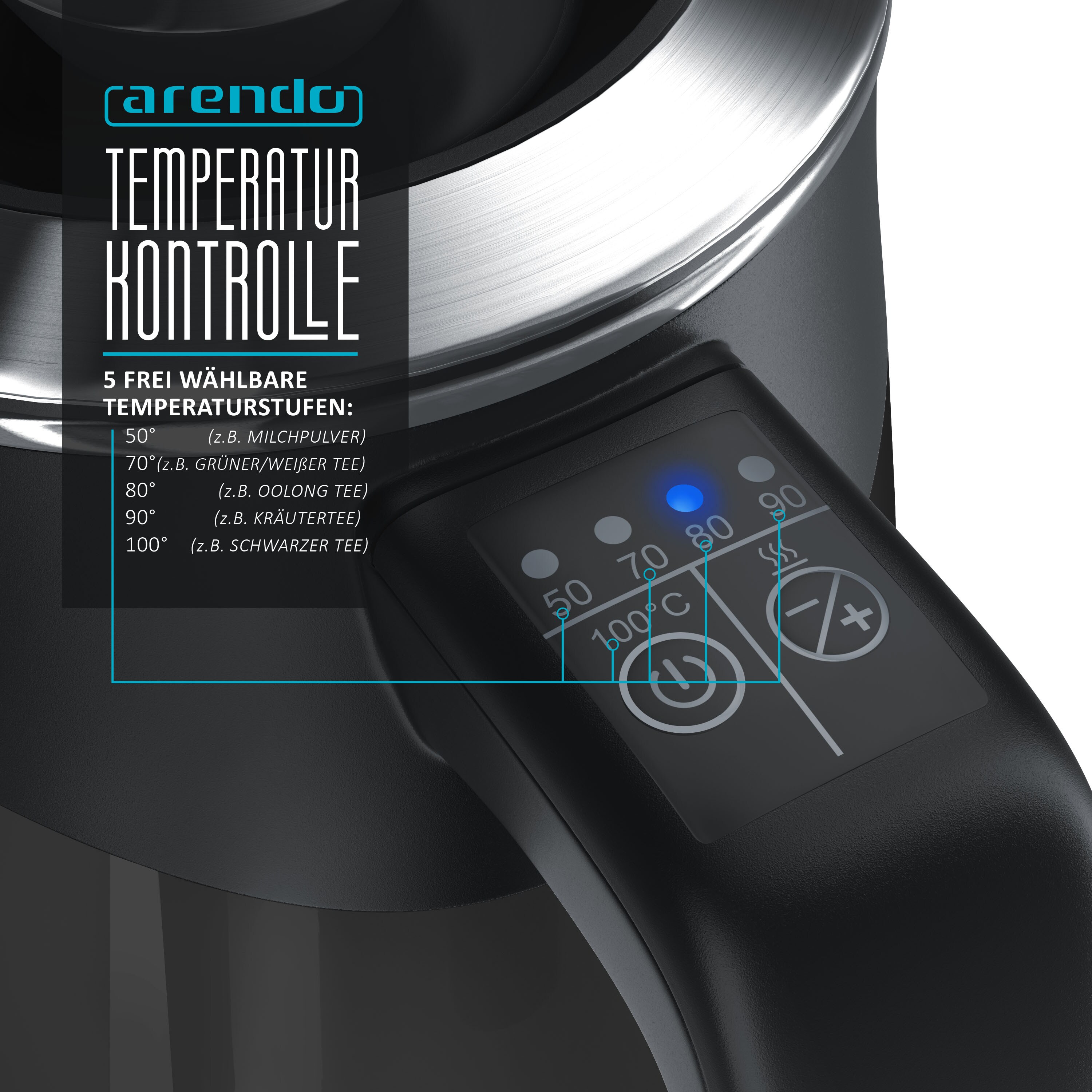 Arendo Wasserkocher 0,5 l, 1100 W, Edelstahl Single Reisewasserkocher Mini, Temperatureinstellung, schwarz