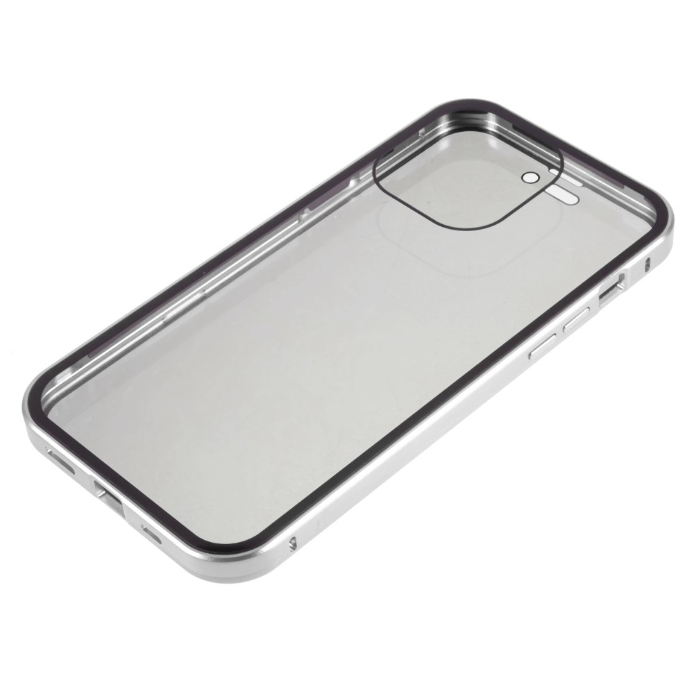 iPhone 14 Pro Magnetische Alu Schutzhülle mit Panzer Glas Backcover   Privacy Glas Displayschutz (Magnet-Technologie) - Silber