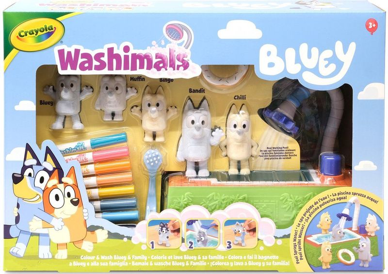 Crayola - Washimals Bluey, Knutselset met zwembad en 5 puppy’s, 8 uitwasbare stiften, functionerend zwembad, reddingsboei, borstel, speelgoed en cadeau voor kinderen vanaf 3 jaar, 74-0257