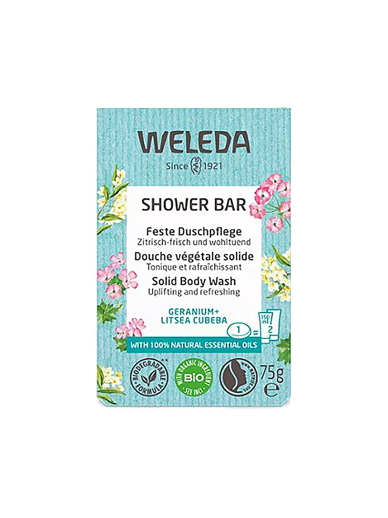 WELEDA Feste Duschpflege Geranium+Litsea Cubeba 75g hellblau