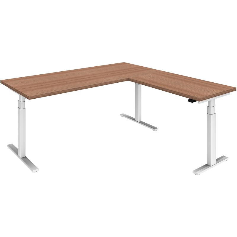 Elektrisch höhenverstellbarer Eckschreibtisch LINUS+, Gestellfarbe weiss, 180 x 180 cm, Dekor Nussbaum