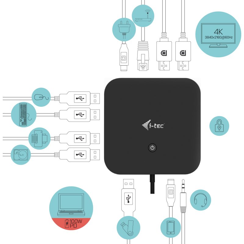 i-tec USB-C Dual Display Docking Station with Power Delivery 100 W + Universal Charger 100 W