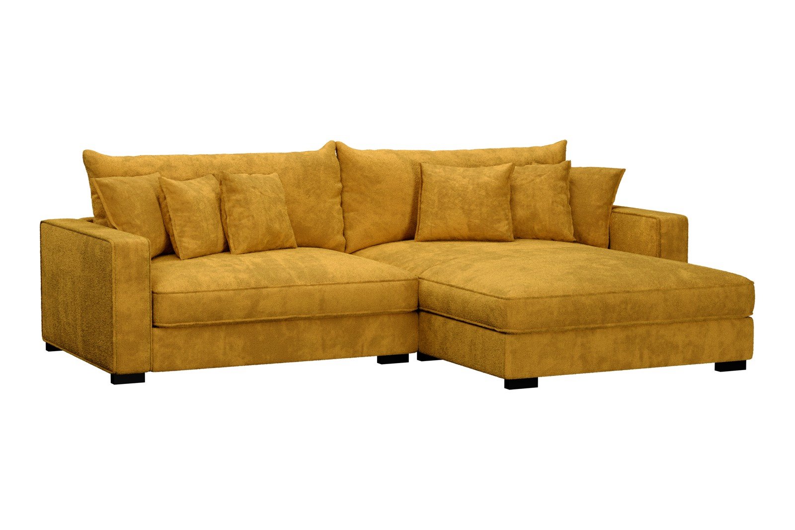 Rossi Lux 2-seter med XL sjeselong høyre Tekstil Genesis 10 Golden Yellow, arm B med sorte ben. Lux Komfort.
