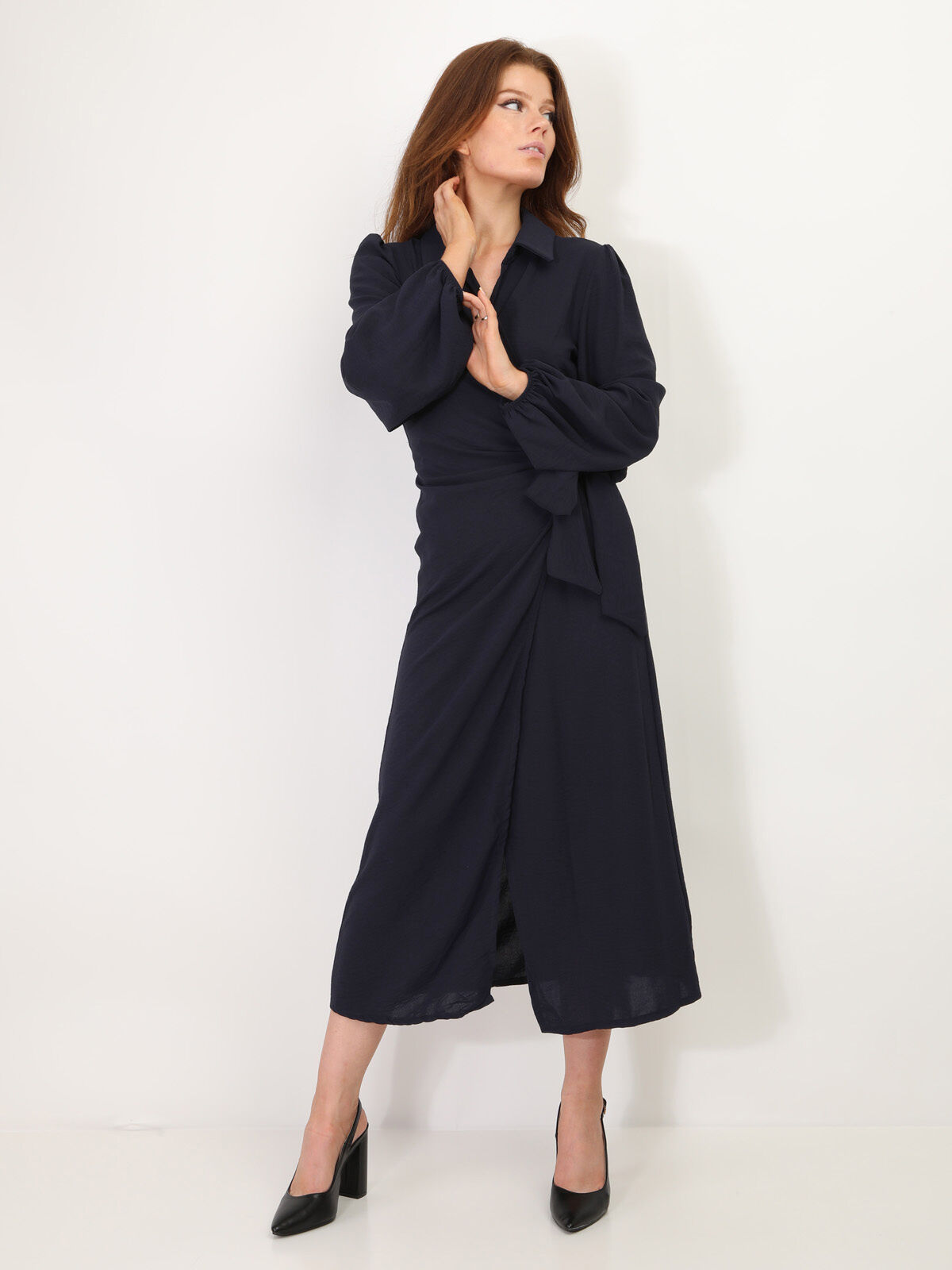Robe cache-coeur longue à nouer- Bleu marine