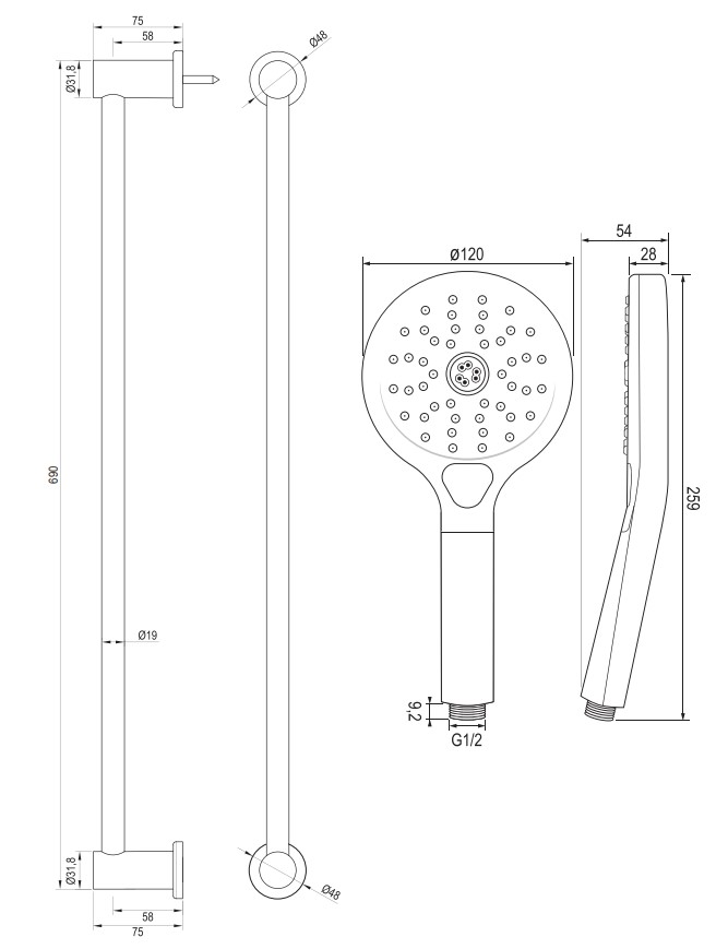 Brauer Gunmetal Carving thermostatische douchekraan met glijstang en 3 standen handdouche gunmetal geborsteld PVD
