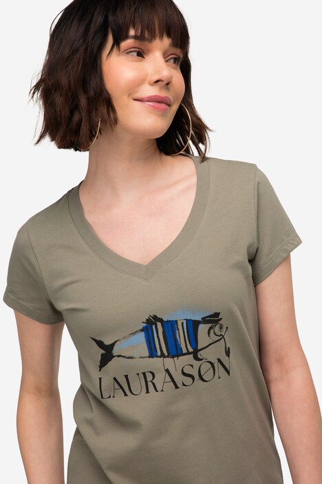 T-Shirt, Fisch Motiv, V-Ausschnitt, Halbarm