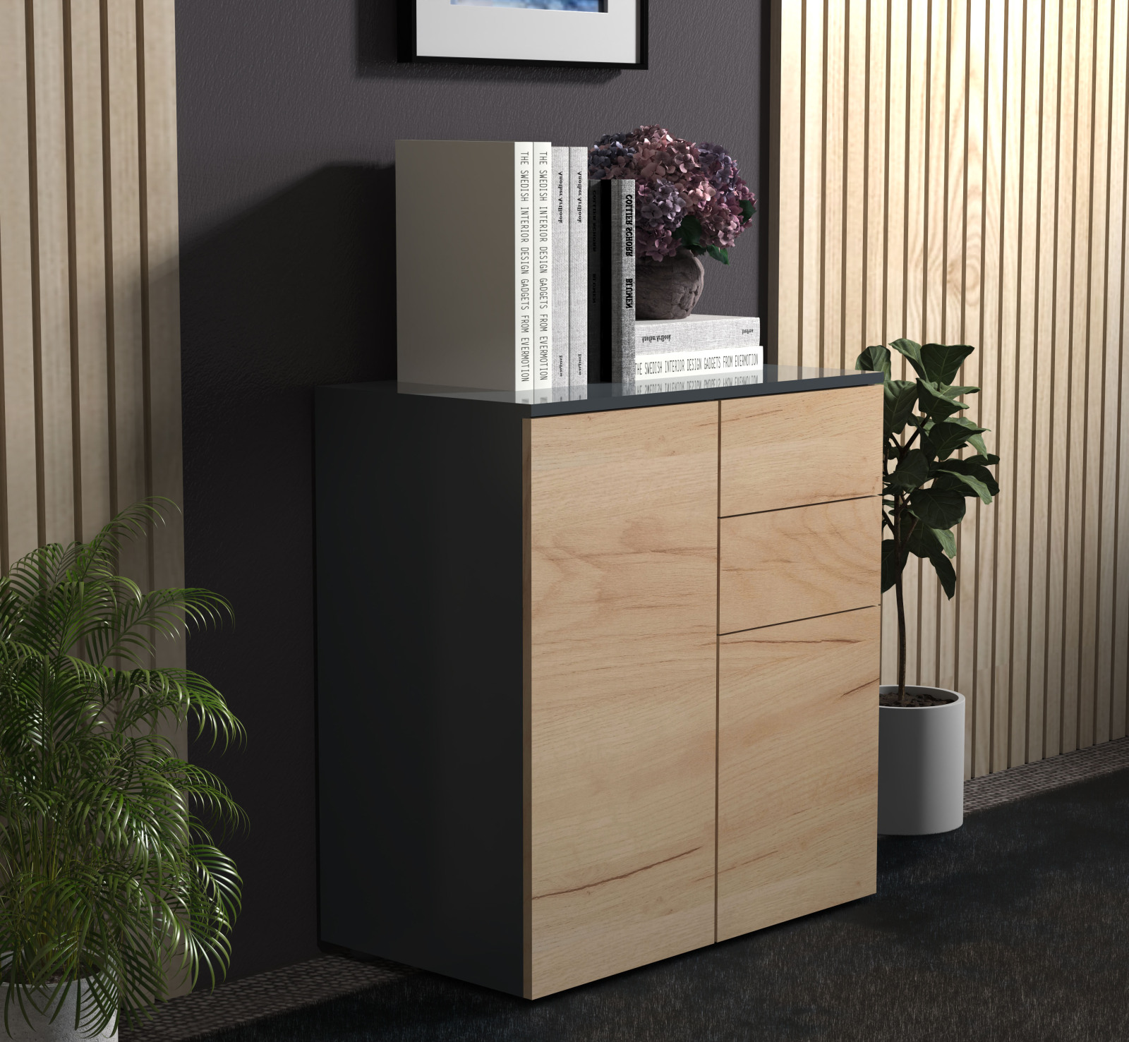 Kommode DALOSA - anthrazit-Honig Eiche - 2 Schubladen und 4 Fächer - 70 cm