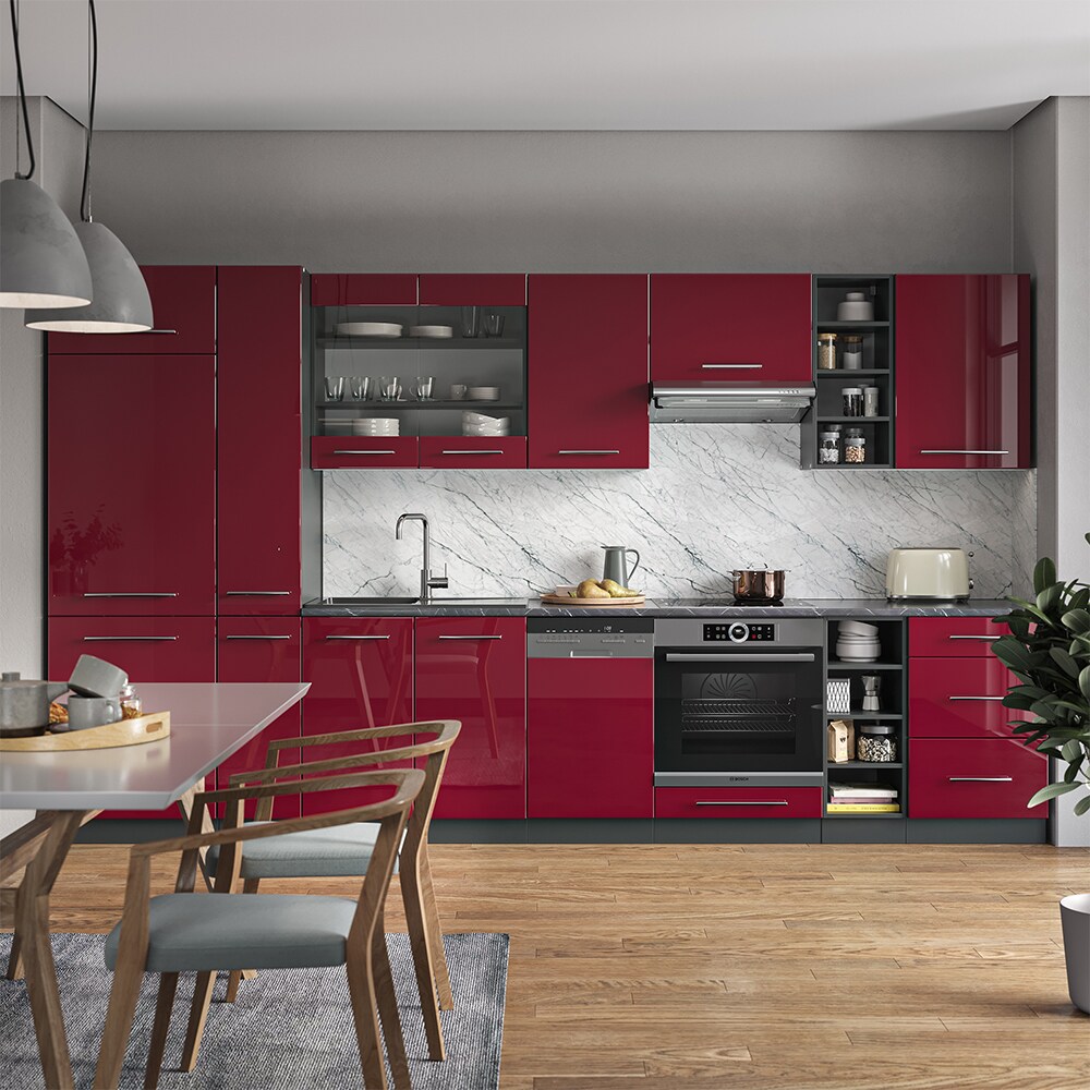 Vicco Küchenzeile Küchenblock Einbauküche 355cm Fame-Line Bordeaux Hochglanz