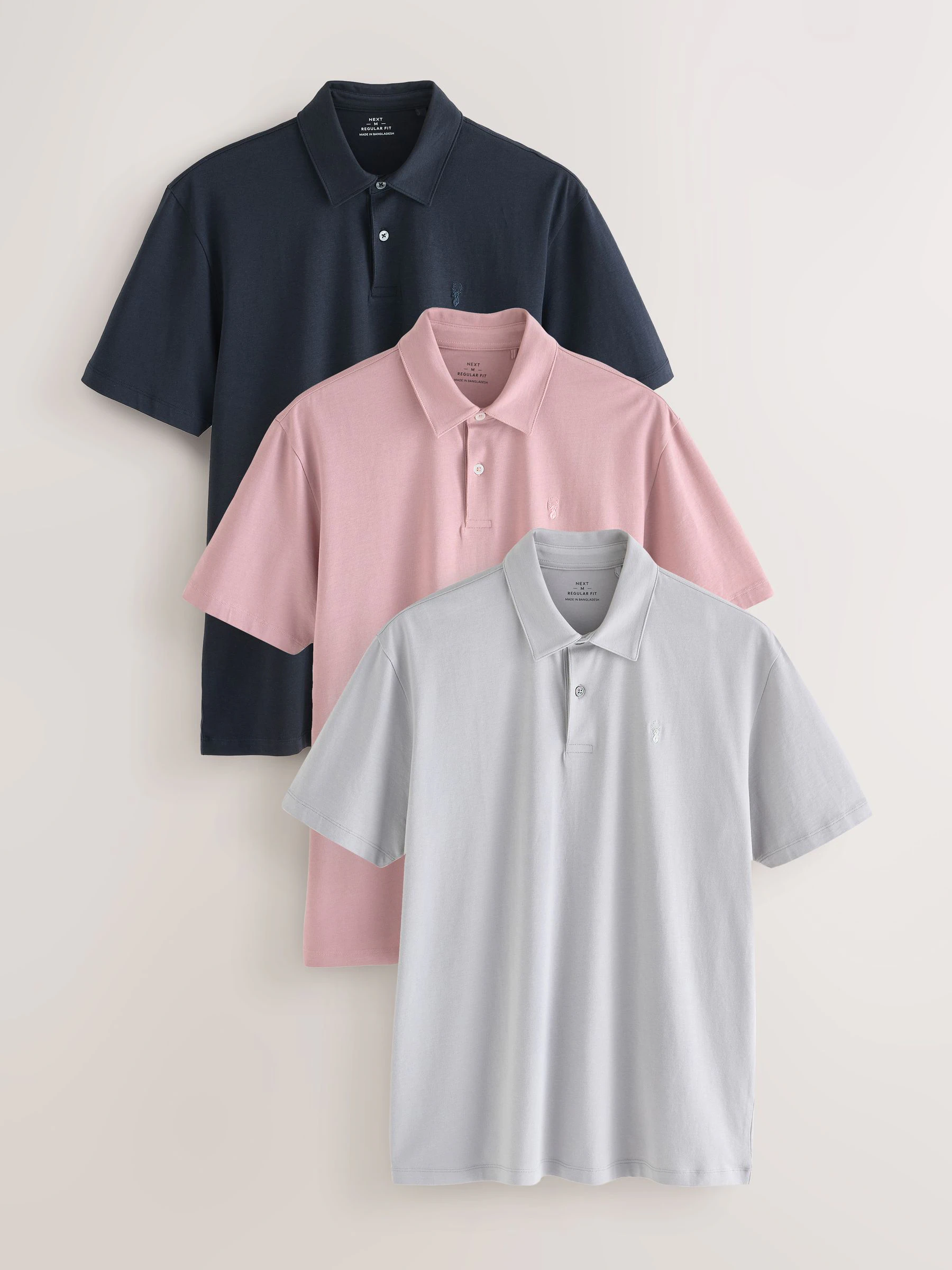 Marineblauw/grijs/roze - Set van 3 jersey poloshirts met korte mouwen