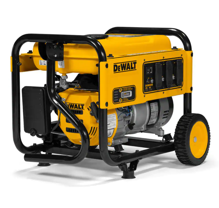 Gerador portátil a gasolina DEWALT de 6500 watts com partida manual, controle de marcha lenta, tomadas protegidas e proteção contra monóxido de carbono.