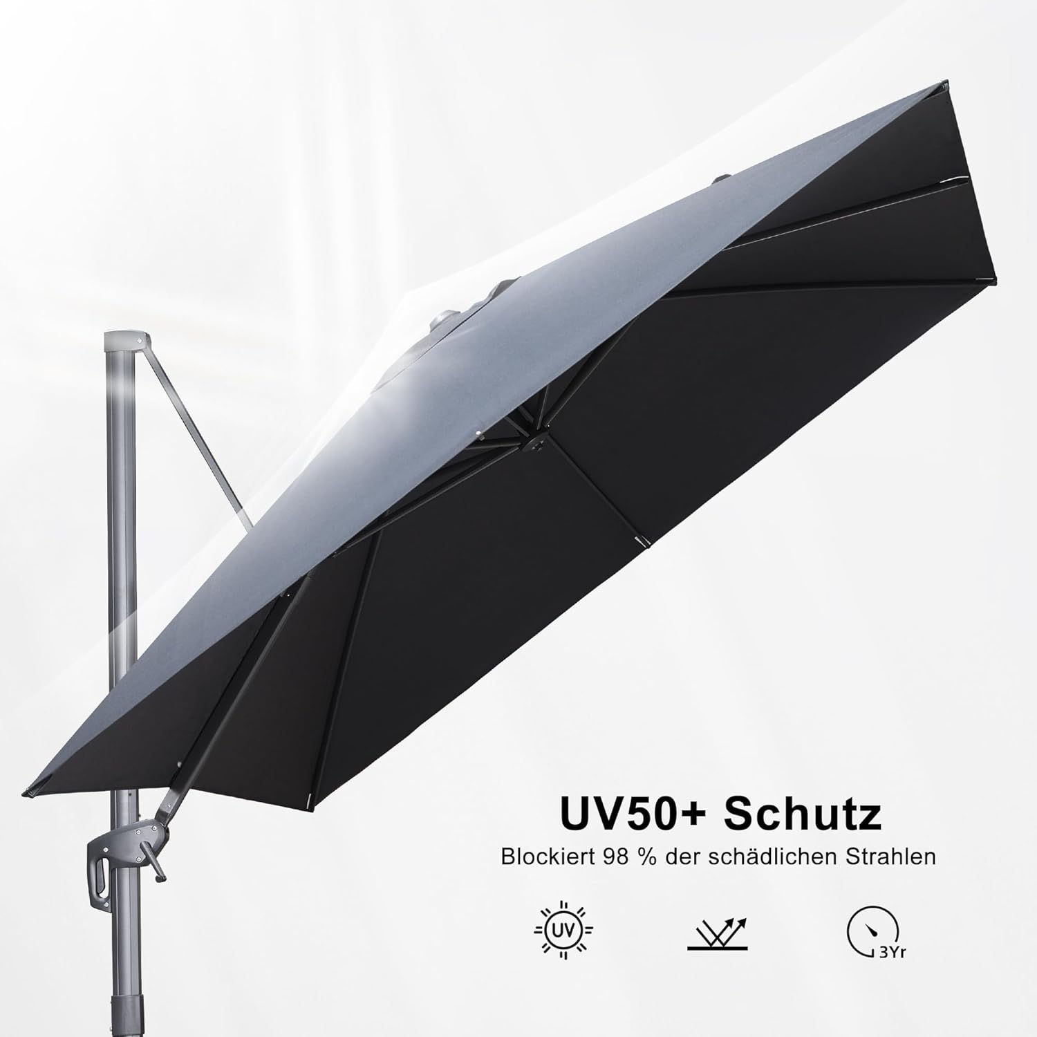 PURPLE LEAF Ampelschirm 300 x 300 cm Sonnenschirm aus Acrylimitat, Gartenschirm mit Kurbel, Gestell Aluminium, 360° Rotation, Wasserabweisend, Sonnenschutz UV50+, Graphitgrau