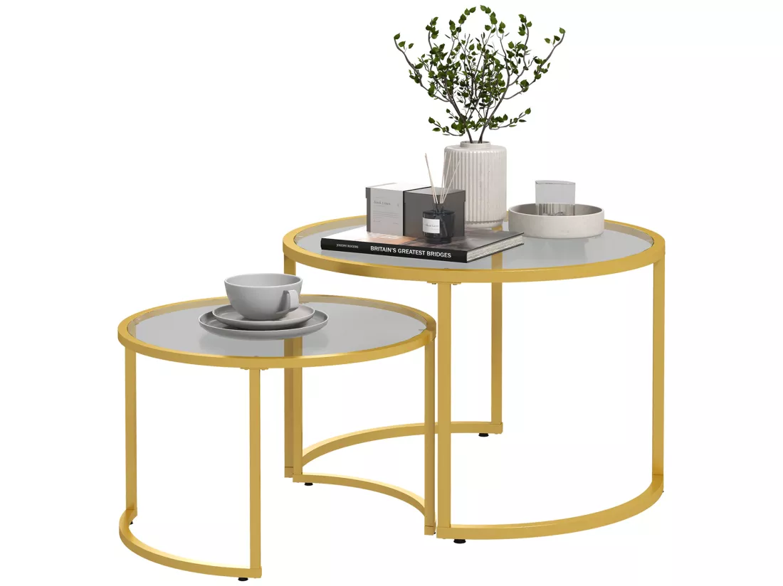 Lot de 2 tables basses gigognes rondes style art déco - acier doré verre trempé 5 mm