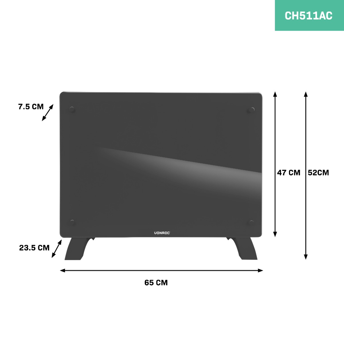 Vonroc 1500 watt convector kachel met glazen paneel - Grey
