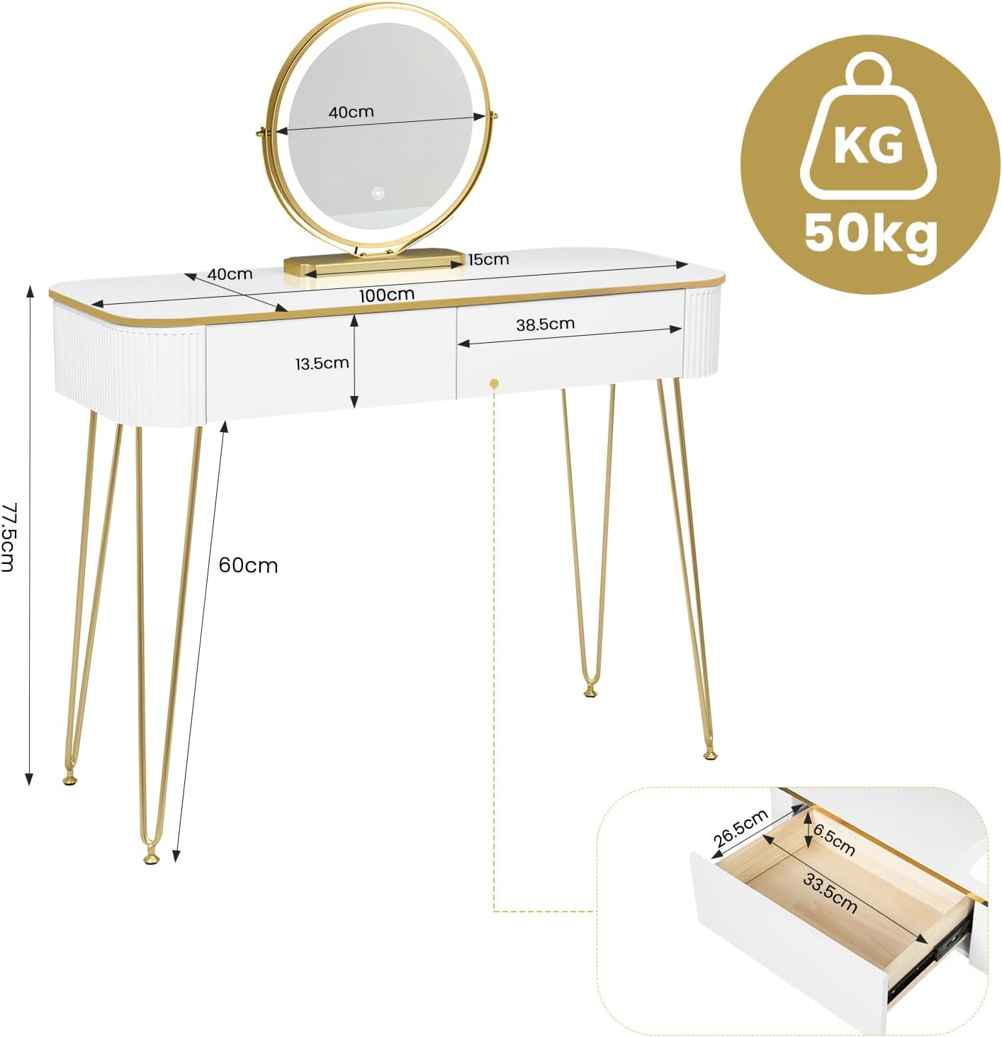 EUGAD Schminktisch mit LED-Beleuchtung, einstellbare Helligkeit, Frisiertisch mit Spiegel, 3 Farben, Kosmetiktisch mit 2 Holzschubladen, mit Metallbeinen, 100x40cm, Modern, Weiß Gold, 0057SZT