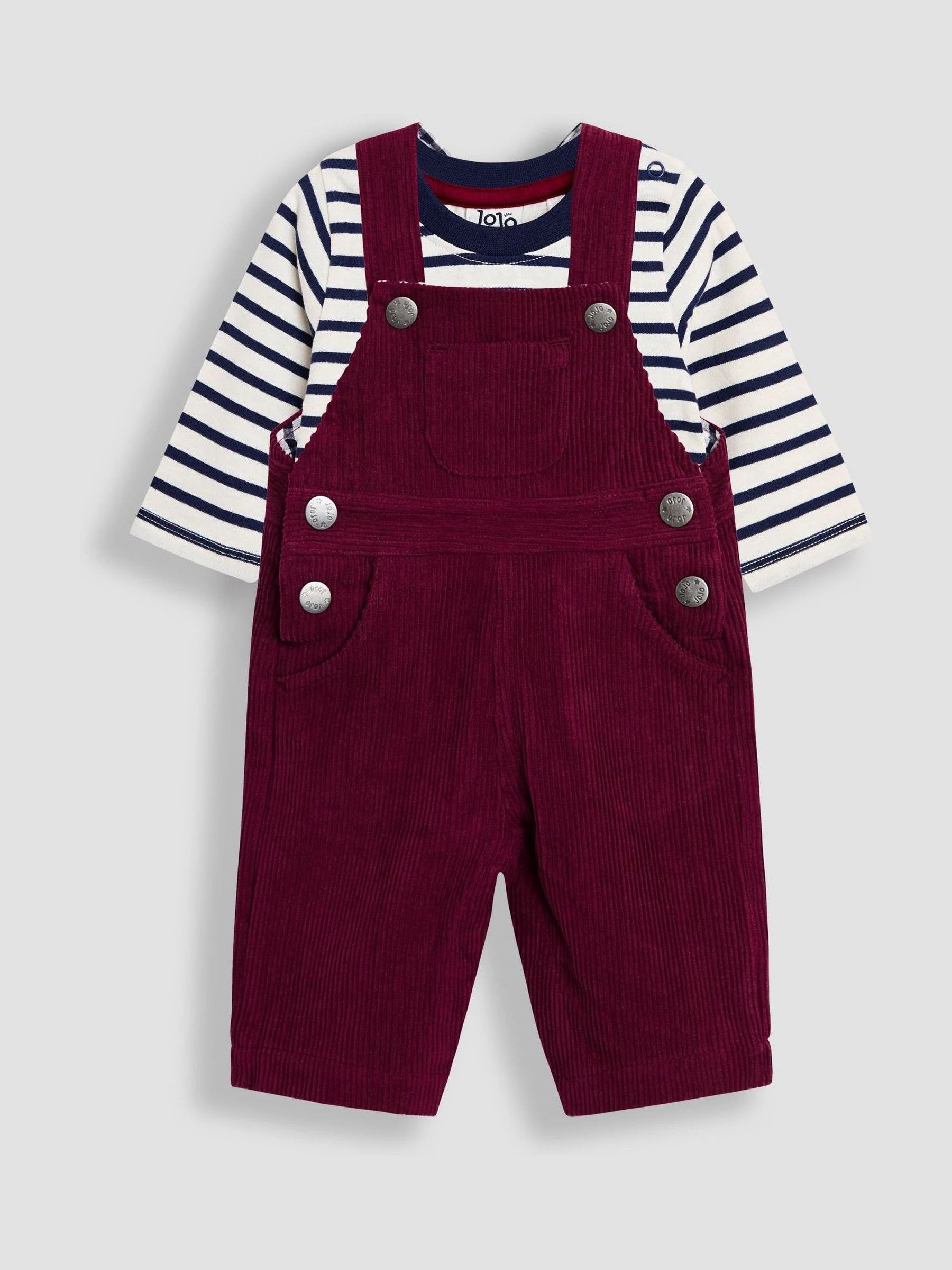 Bordeauxrood - JoJo Maman Bébé 2-delige set van klassieke corduroy bretelbroek en gestreepte top