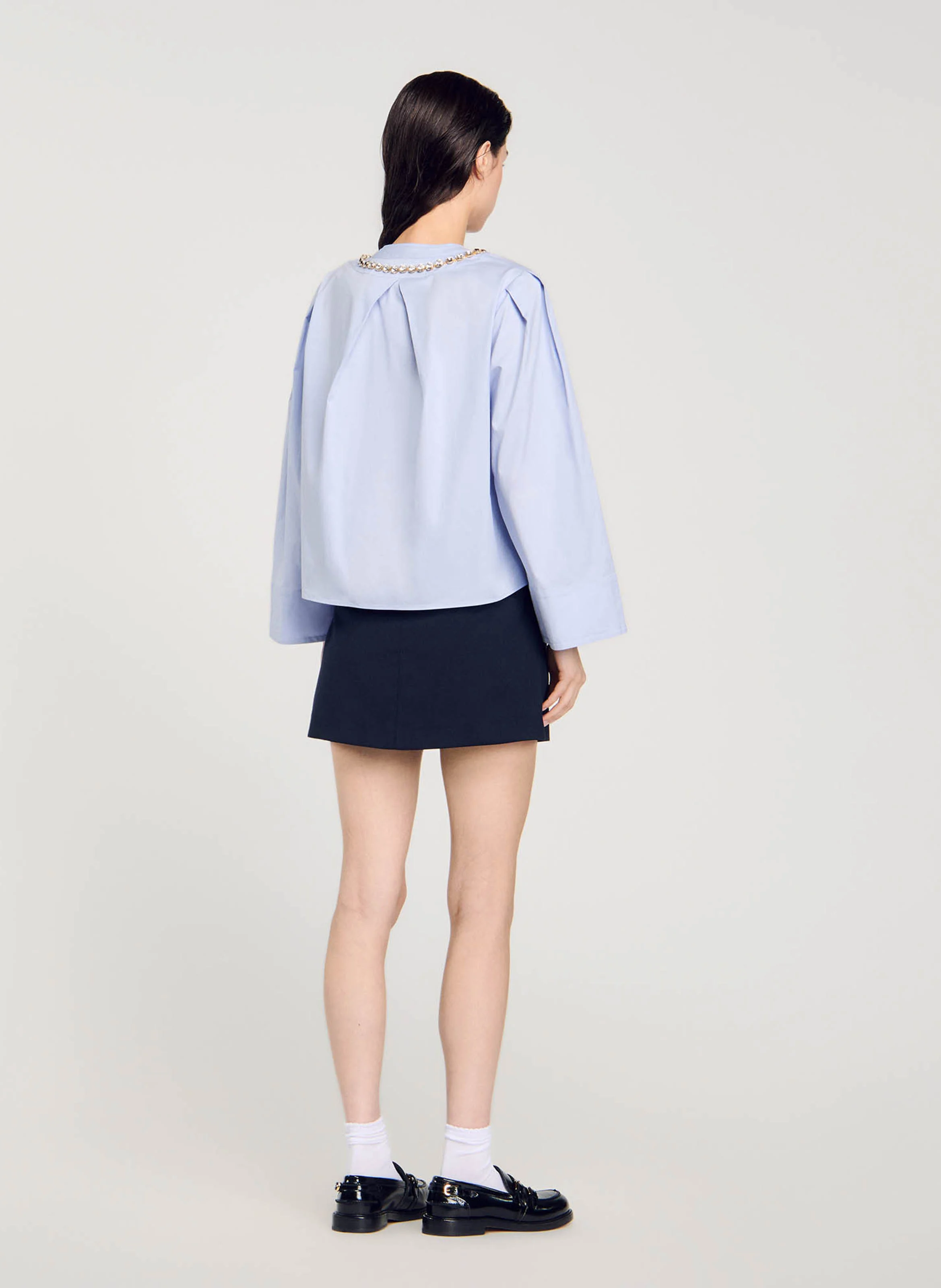 Chemise courte ample col rond en coton mélangé | Bleu