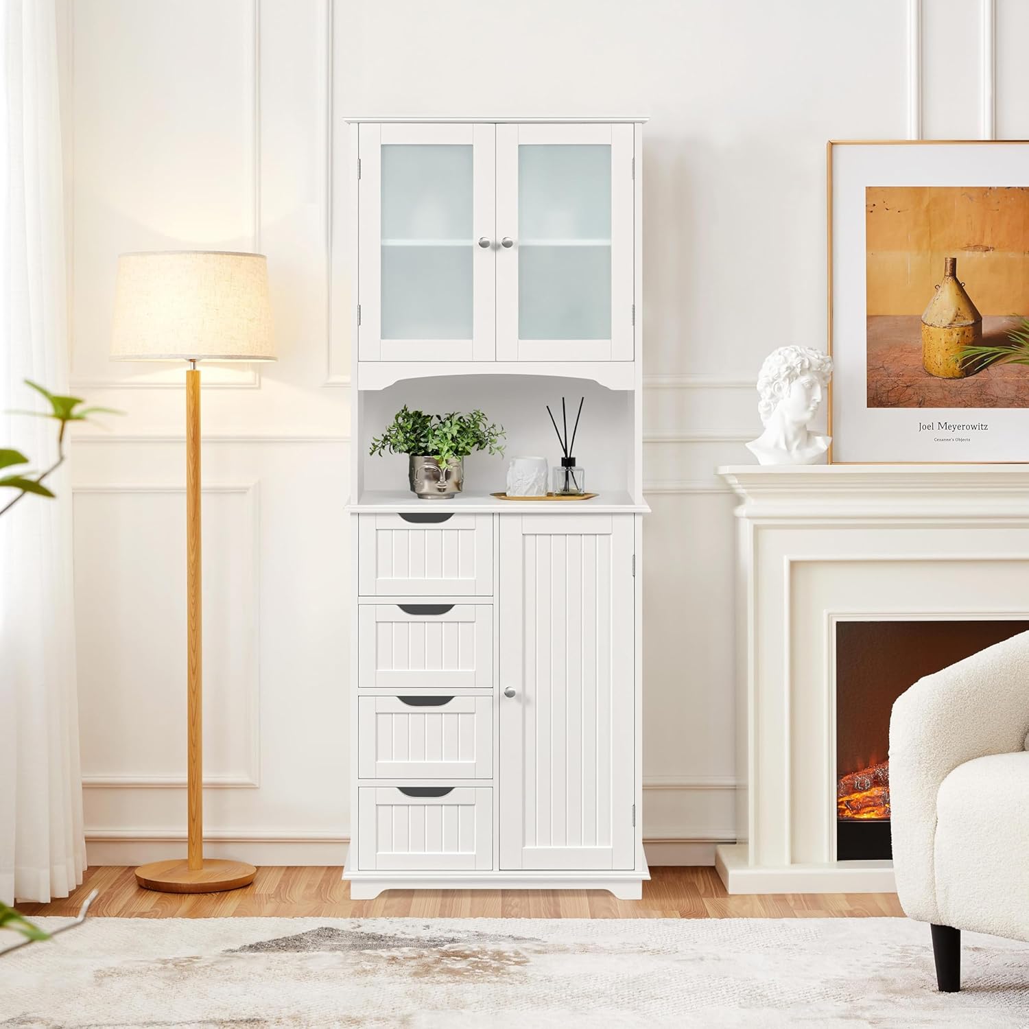 Yaheetech Badezimmerschrank Hochschrank Badschrank Küchenschrank mit Glastüren & Ablagefach Aufbewahrungsschrank Badkommode mit 4 Schubladen und verstellbarem Einlegeboden, 63x30x165,5 cm