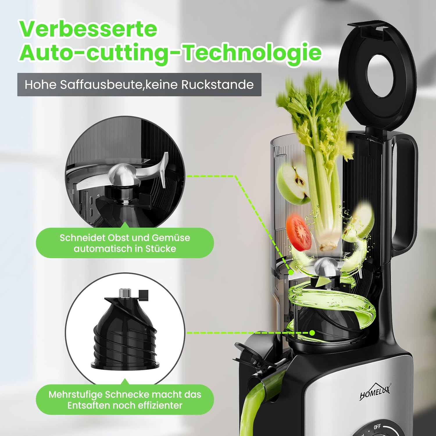 HOMELUX Entsafter 220W Slow Juicer 126 MM Einfüllschacht für Ganze Gemüse und Obst Kaltentsafter Elektrische mit 2 Tassen Reinigungsbürste, Upgraded Schnecke BPA-frei Einfache Reinigun, Silber