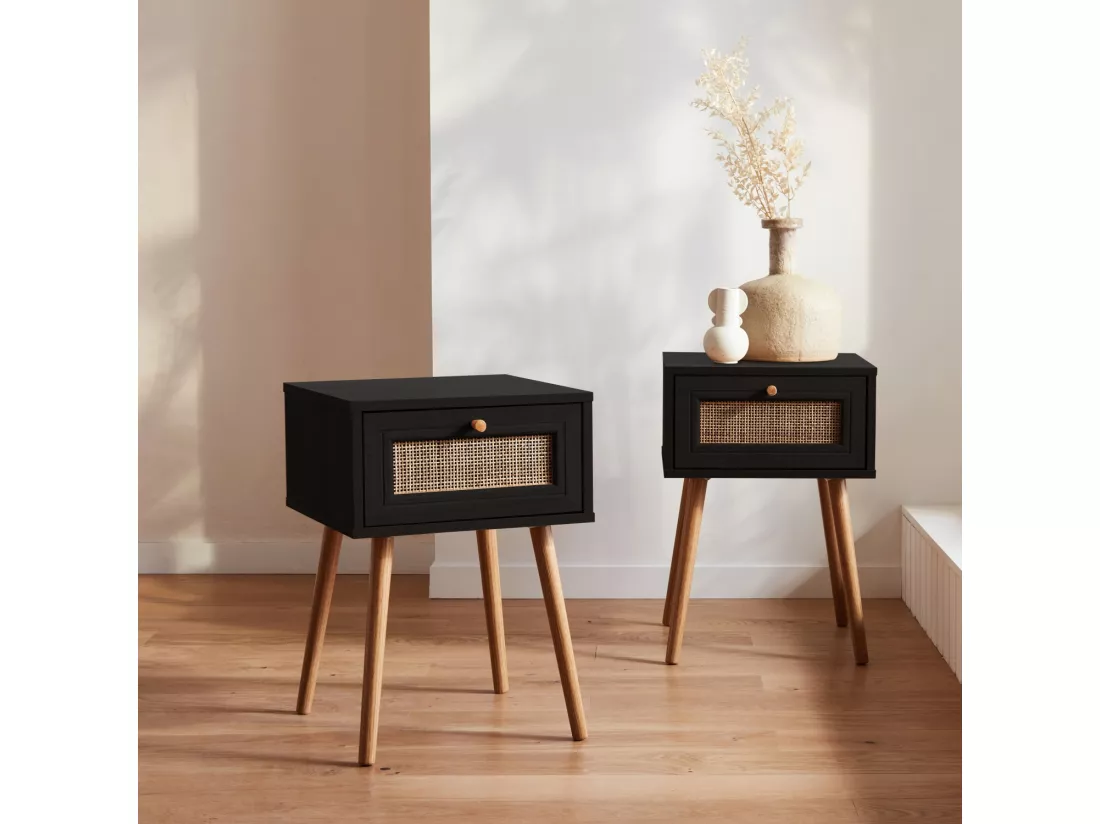 Lot de 2 tables de chevet effet bois noir et cannage avec 1 tiroir