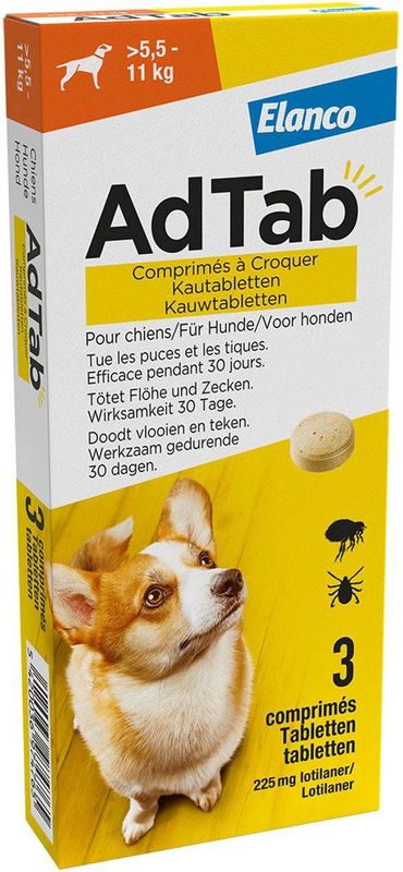 Elanco - Adtab Anti Vlooien en Teek Kauwtabletten - Hond - Bescherming - > 1,3 – 2,5 kg - 3 Tabletten - 1 Keer Per Maand