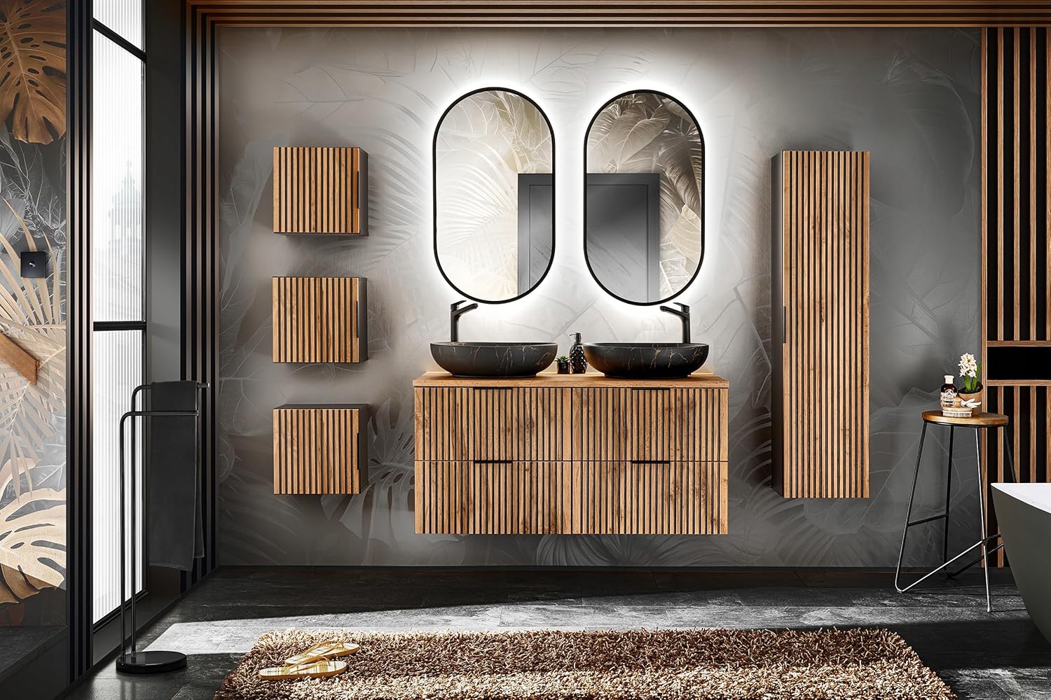 Set XO Schwarz Eiche Wotan: Unterschrank 120 cm mit 2 Schubladen + 35x140 cm Seitenschrank Hängeschrank Badschrank Badezimmerschrank Soft-Close Badmöbel-Set Geriffelte Fronten