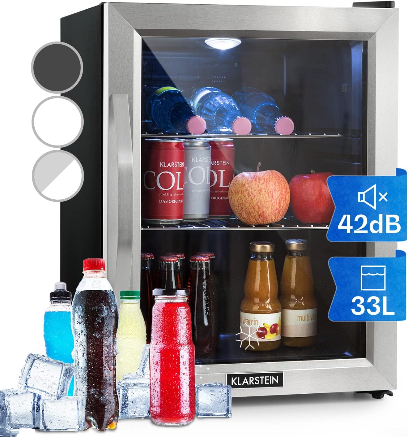Klarstein Mini Kühlschrank mit Glastür, für Zimmer, Getränkekühlschrank Klein mit Verstellbaren Ablagen, 33 Liter, Indoor/Outdoor Kühlschrank Leise