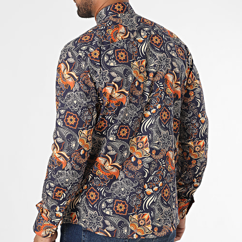 Chemise Manches Longues Bleu Marine Orange Floral