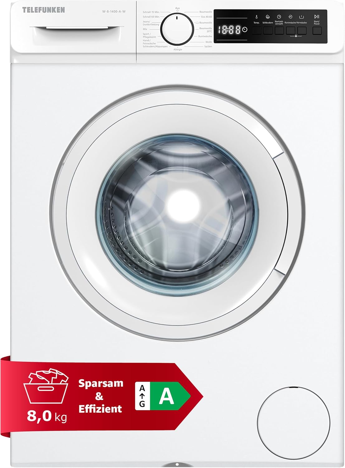 Telefunken Waschmaschine 8kg | 1400 U/Min. | Inverter Motor - Leise & Effizient | AquaStop - Schutz vor Wasserschäden | Schontrommel | Washing Machine mit 15 Programmen | EEK A | W-8-1400-A-W weiß