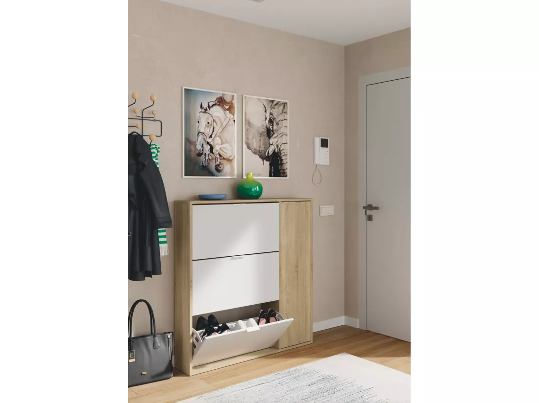 Étagère à chaussures Dmagnino, armoire à chaussures 4 portes, armoire basse polyvalente avec 5 étagères, étagère à chaussures moderne, 106x22h115 cm, chêne et blanc