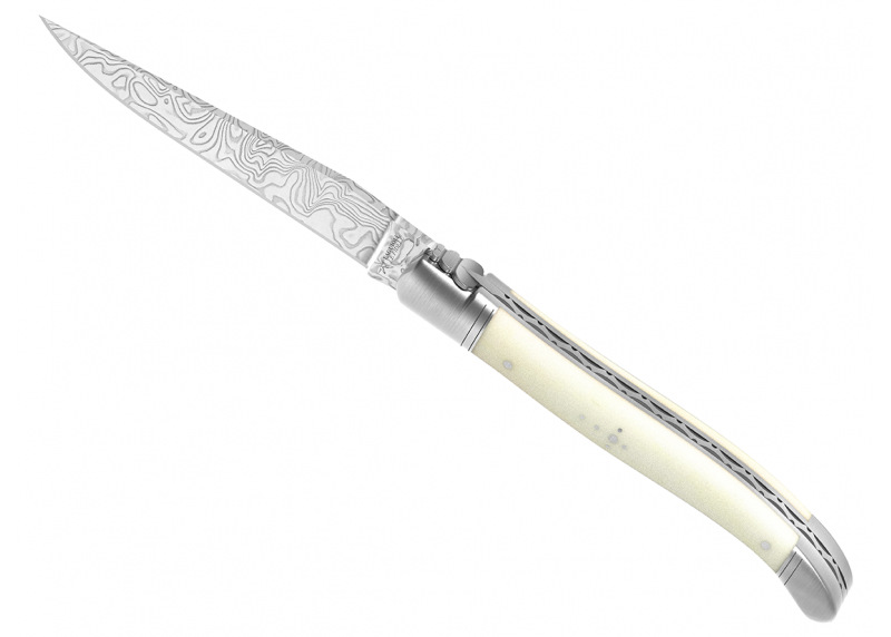 Couteau Laguiole collection damas avec un manche en os de bovin et 2 mitres en acier inoxydable