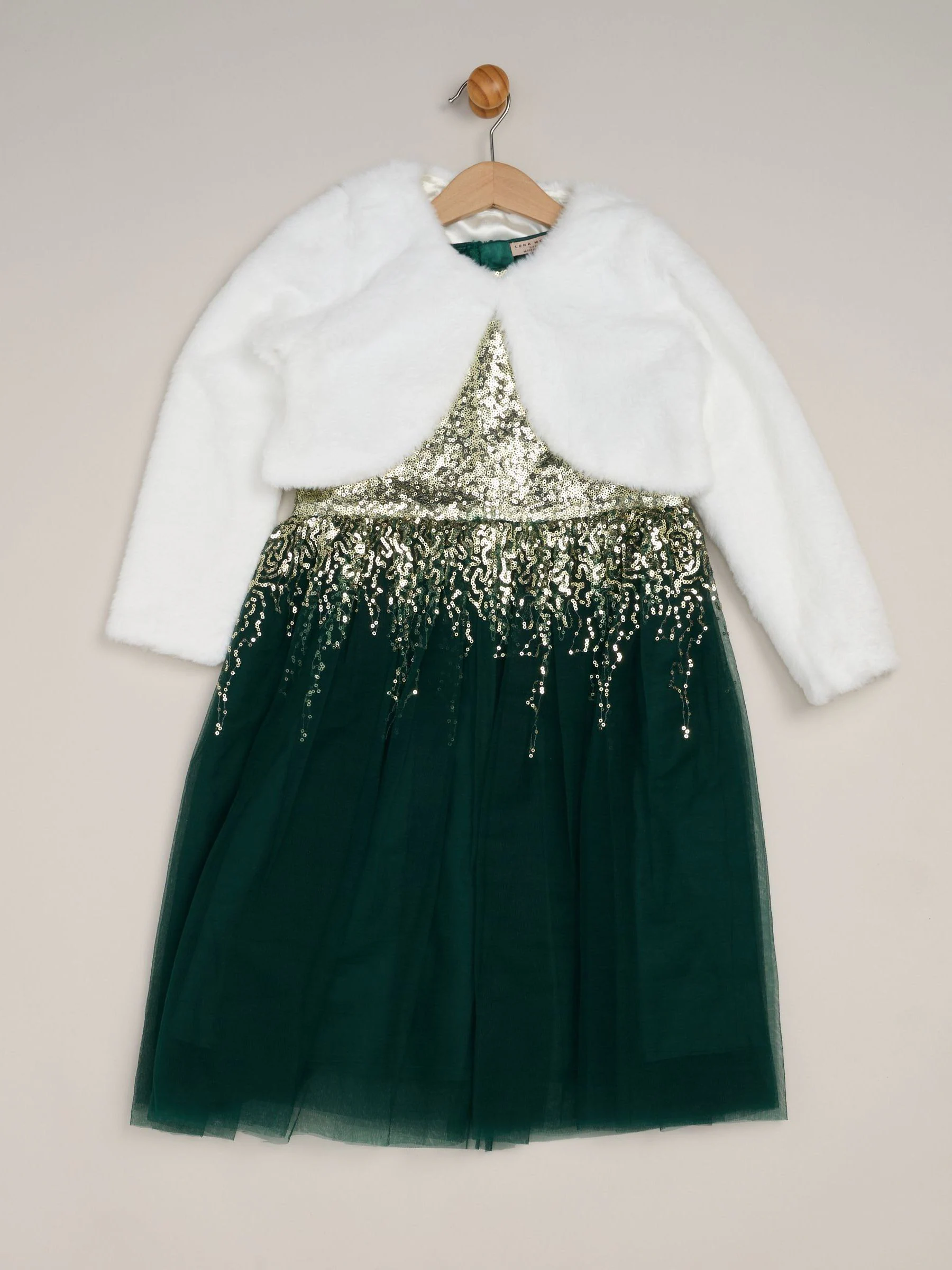 Groen - Miss Waterfall Sequin Dress and Faux Fur Bolero Set