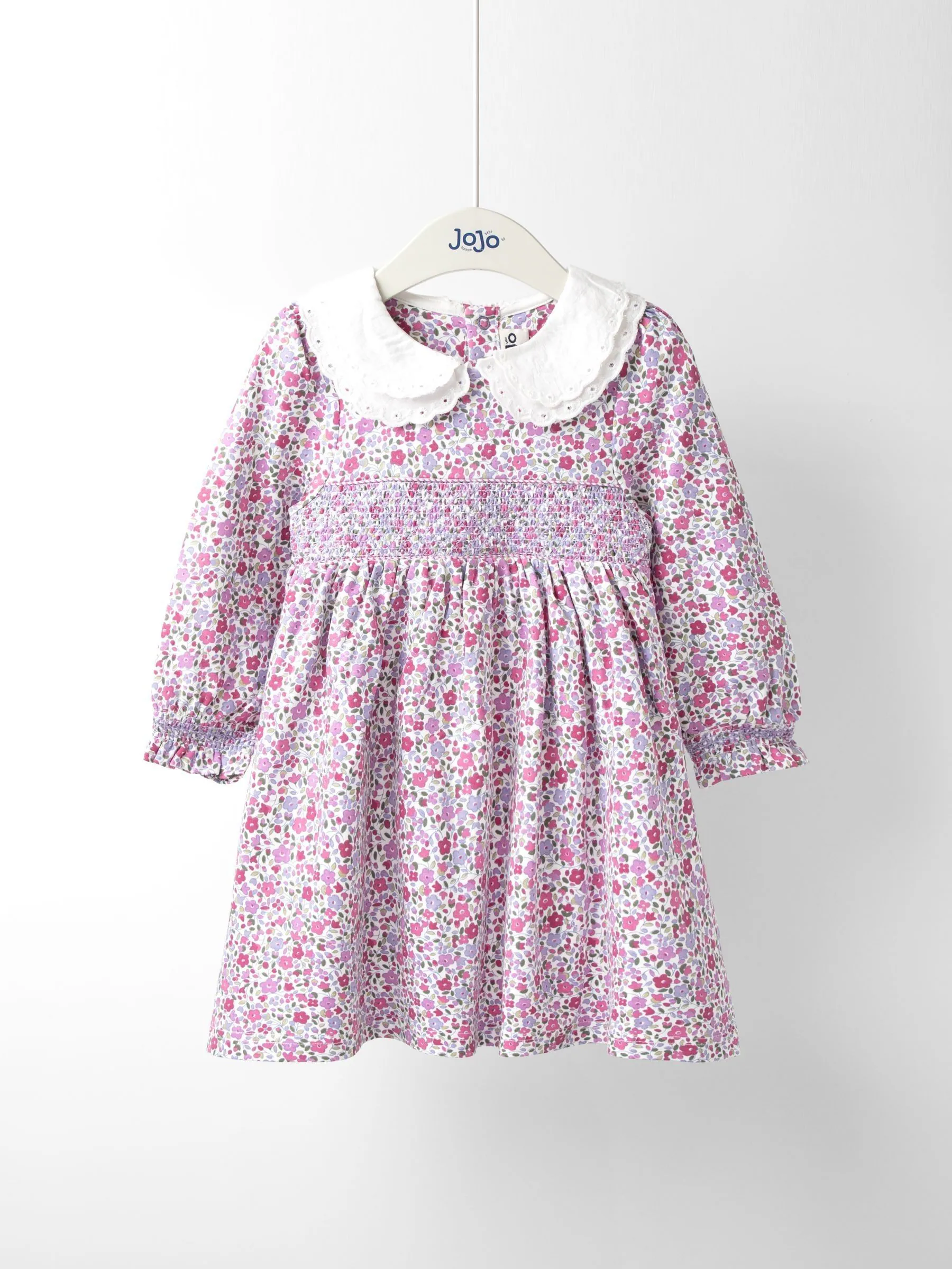 Lila-paars - JoJo Maman Bébé - Gesmokte jersey jurk met fijne bloemenprint