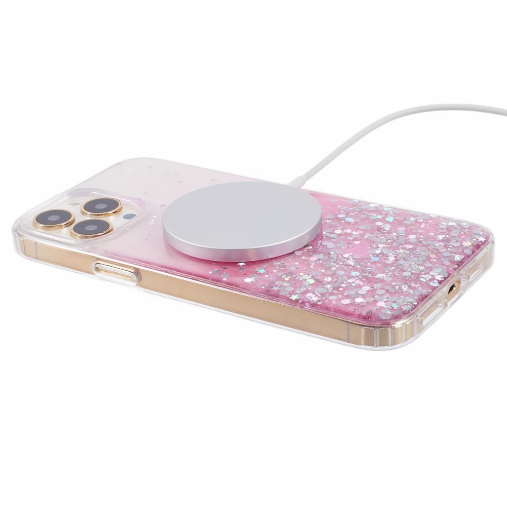 iPhone 14 Pro Max MagSafe Hülle mit Acryl Rückseite und Farbverlauf im Glitzer Design - Rosa