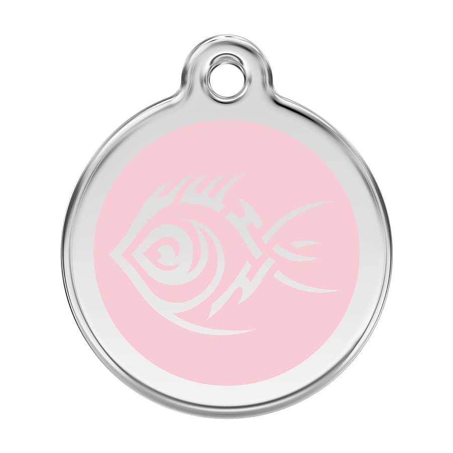 Placa de identificação para cães em aço inoxidável esmaltado com desenho tribal de peixe rosa