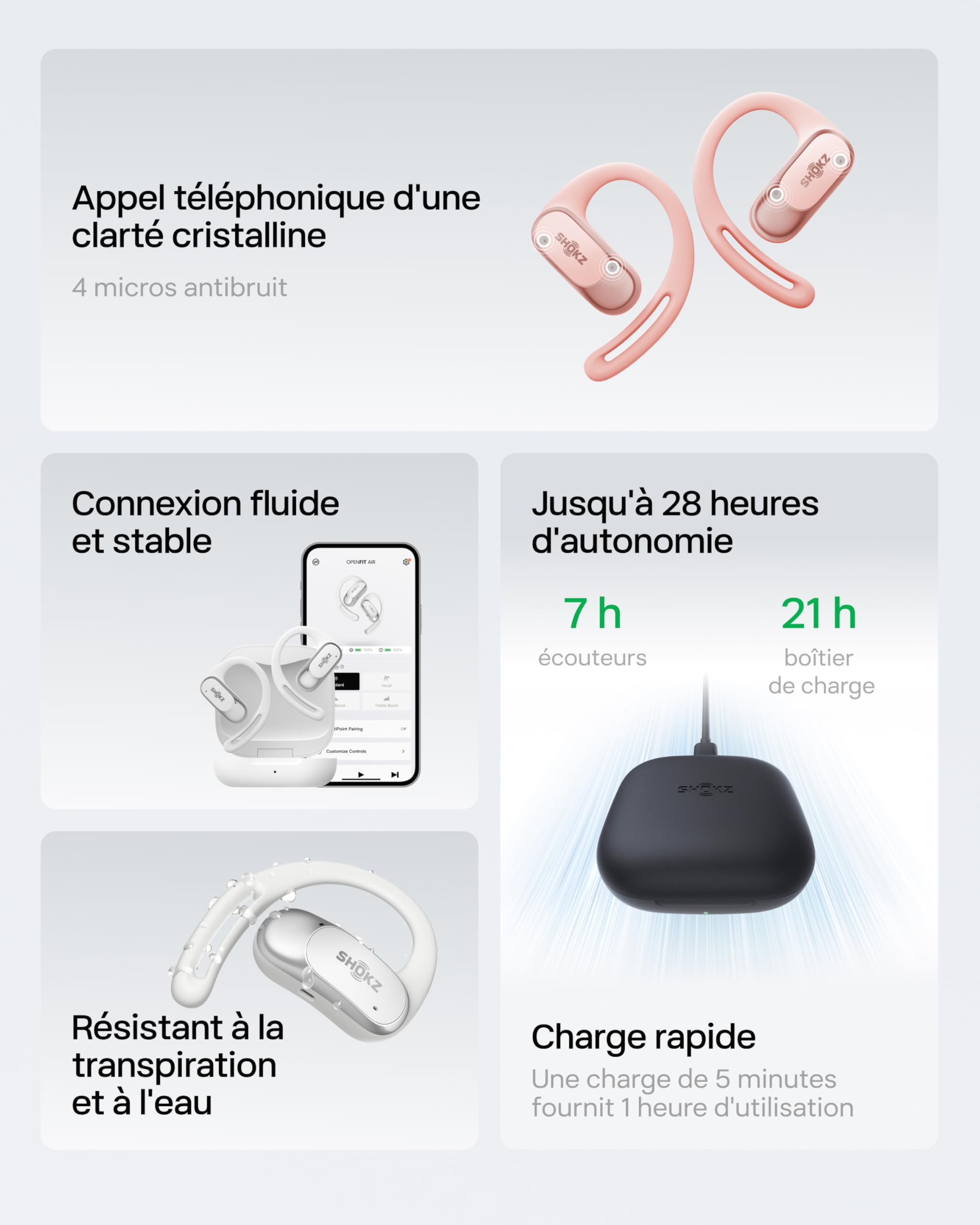 SHOKZ Écouteurs à Oreilles Libres OpenFit Air, Casque Bluetooth sans Fil avec Microphone, écouteurs avec Crochet d’oreille Air, Charge Rapide, 28 h d’autonomie, étanchéité IP54 pour Le Sport – Rose