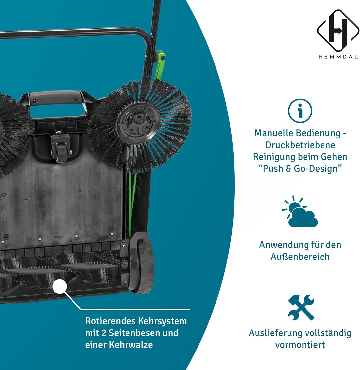 Kehrmaschine HKM65 manuell | 65 cm Kehrbreite | 2.600 m²/h Kehrleistung | 20 l Behälter | Grau | für trockene Oberflächen im Außenbereich | höhenverstellbarer Soft-Griff | Handkehrmaschine