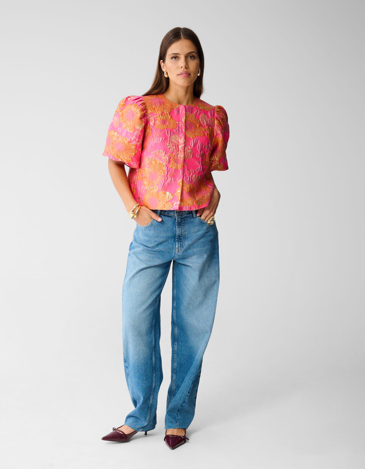 Jacquard Flower Blouse Roze/Oranje