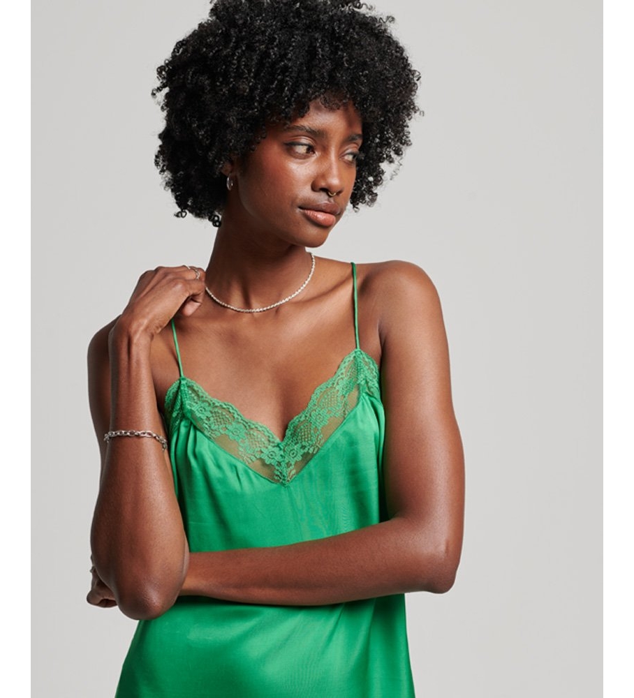 Vestido curto de cetim verde com alças finas da Superdry