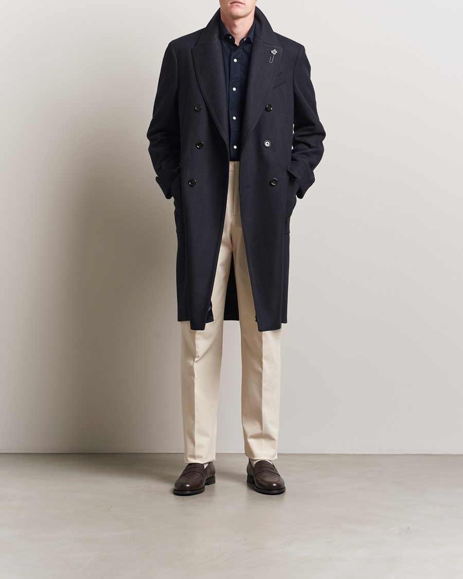 Lardini Wool/Cashmere Herringbone Coat Navy