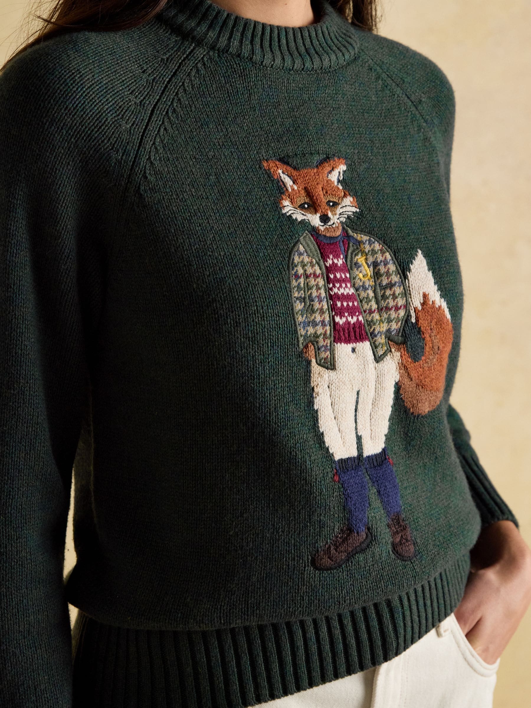 Green Jonty Fox - Joules Intarsia Cotton-Rich Crew Neck Jumper